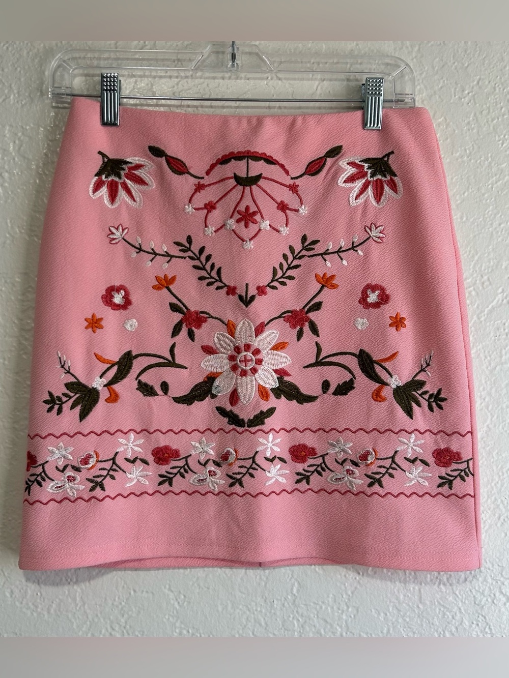 SHEIN Pink Embroidered Floral Mini Skirt